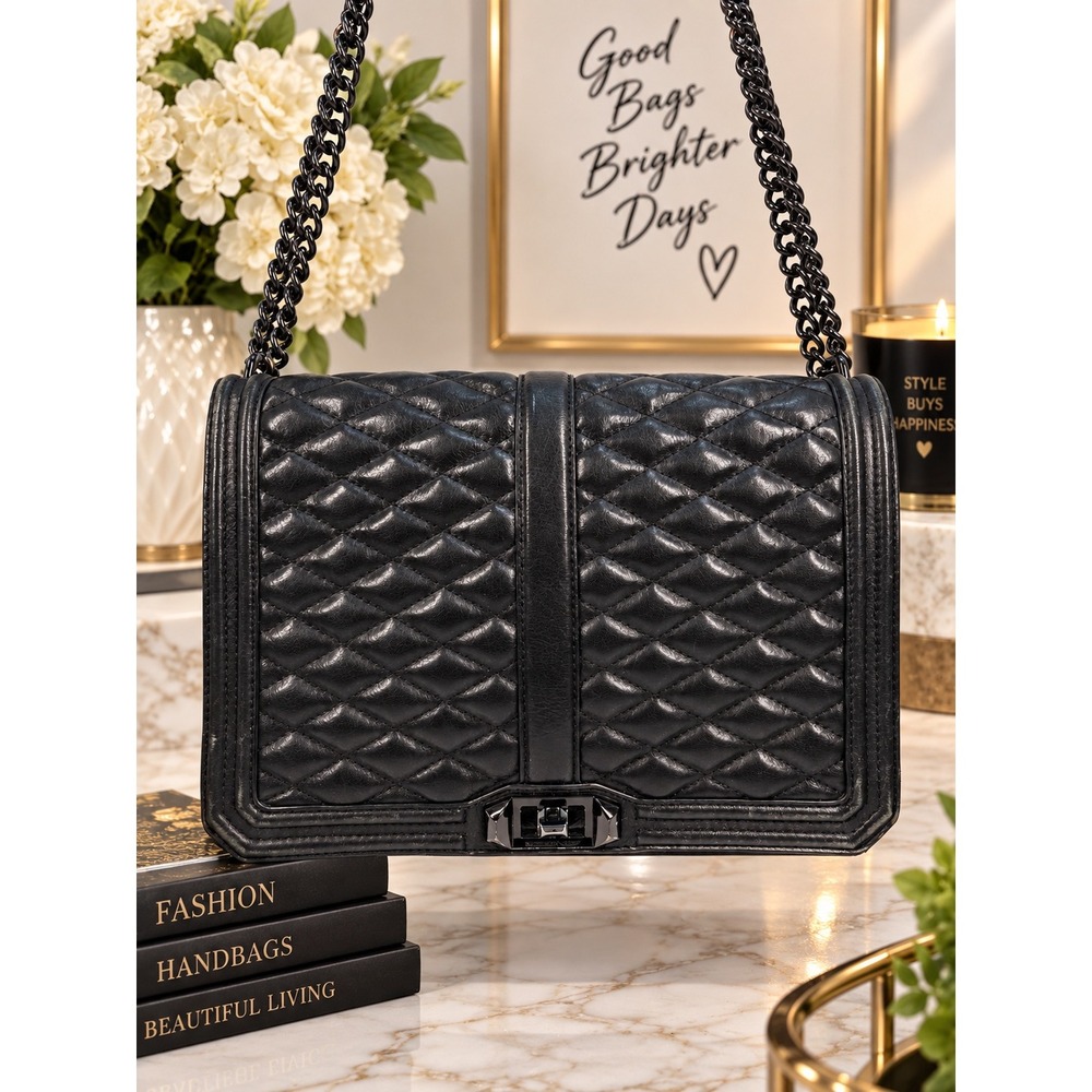 Rebecca Minkoff Love Jumbo Shoulder Bag Black Quilted Leather Crossbody Chain